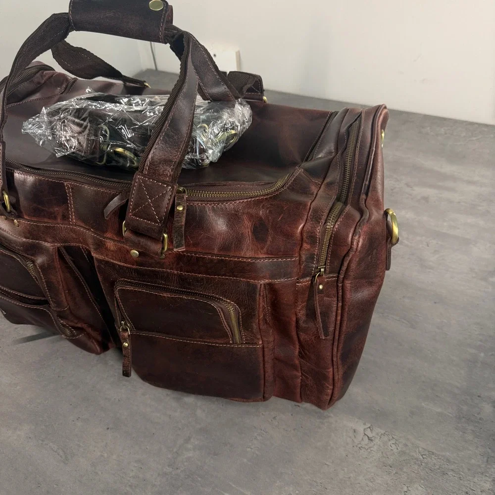 Denver Leather Craft Buffalo Duffel Large Brown Distressed Travel Weekend Bag